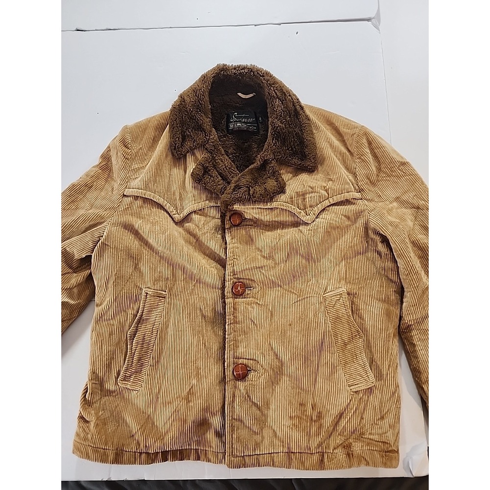 Vtg 70s Sears Sportswear Corduroy Faux‎ Fur Collar Lunch Jacket Western 42 Reg